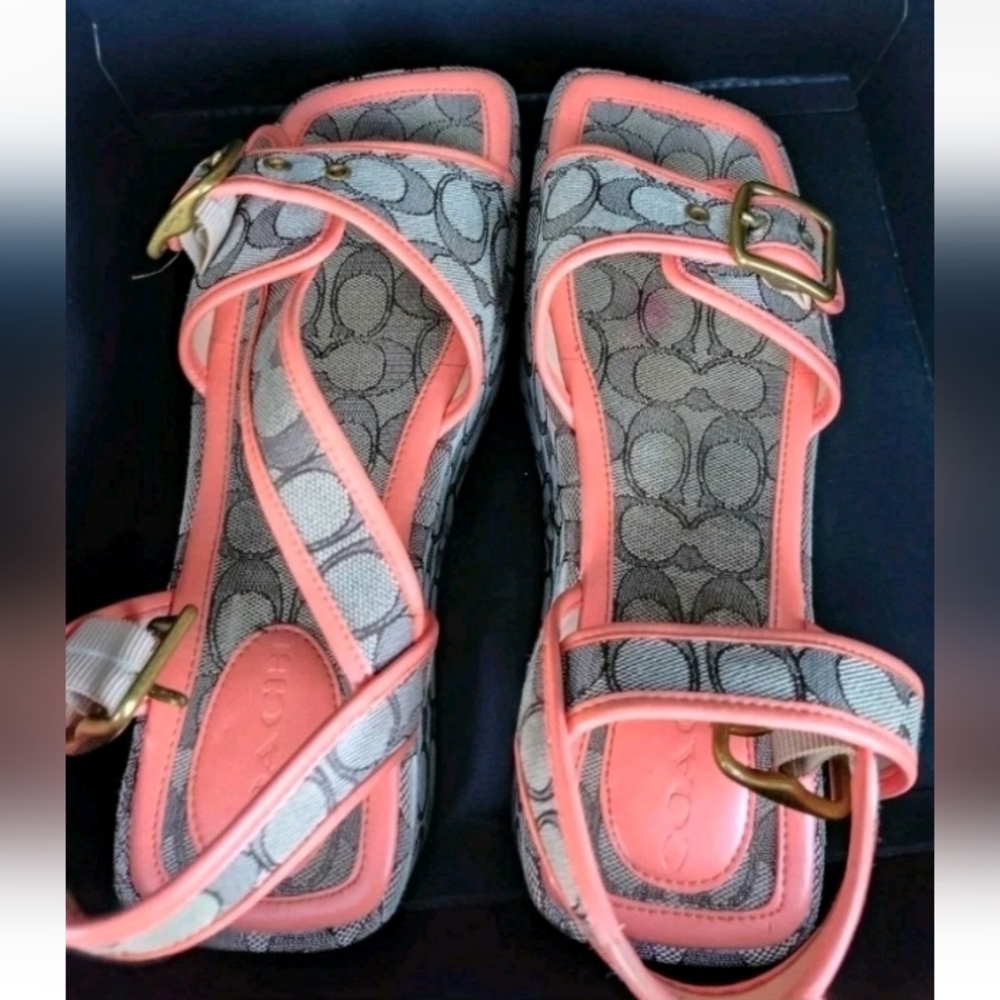 Coach Naomi Jacqrd Women Size 9B Oak/Tangerine Platform Heel Adj. Dual Straps